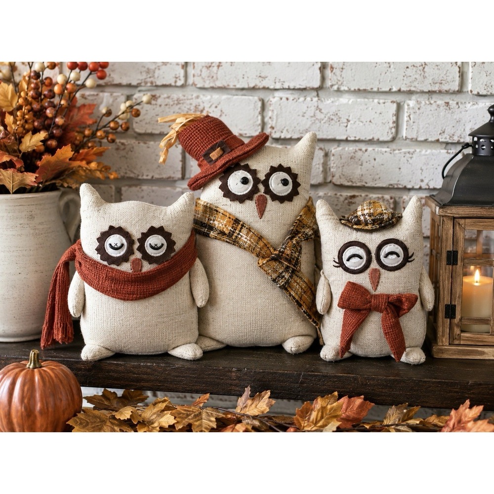 Primitive Farmhouse Owl Shelf Sitters Set of 3 Fall Autumn Thanksgiving Decor